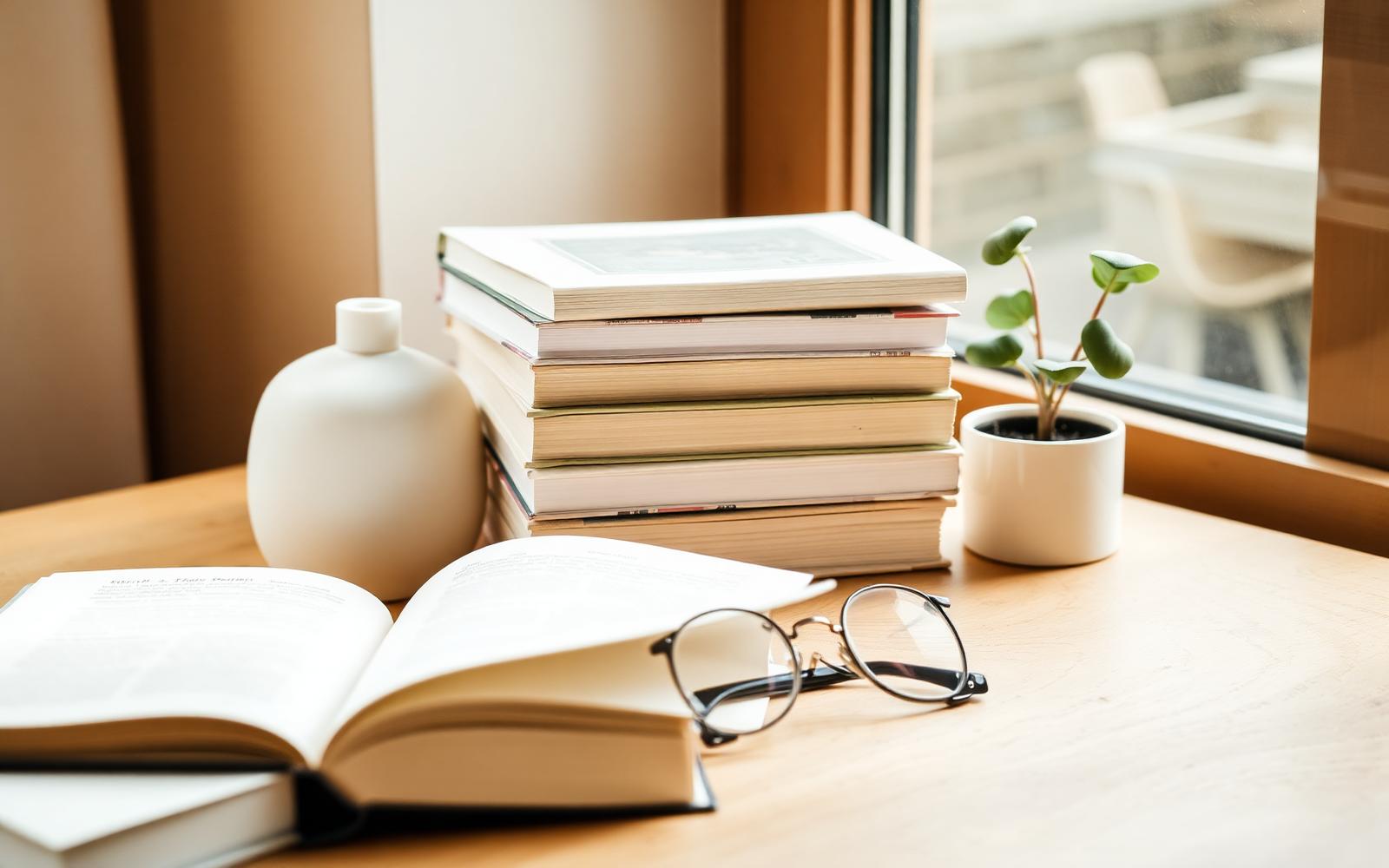 Libros apilados sobre una mesa junto a luz natural