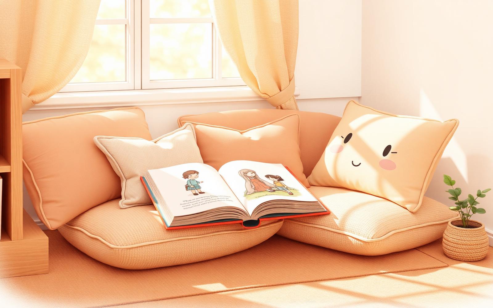 Rincón de lectura infantil con cojines y un cuento abierto