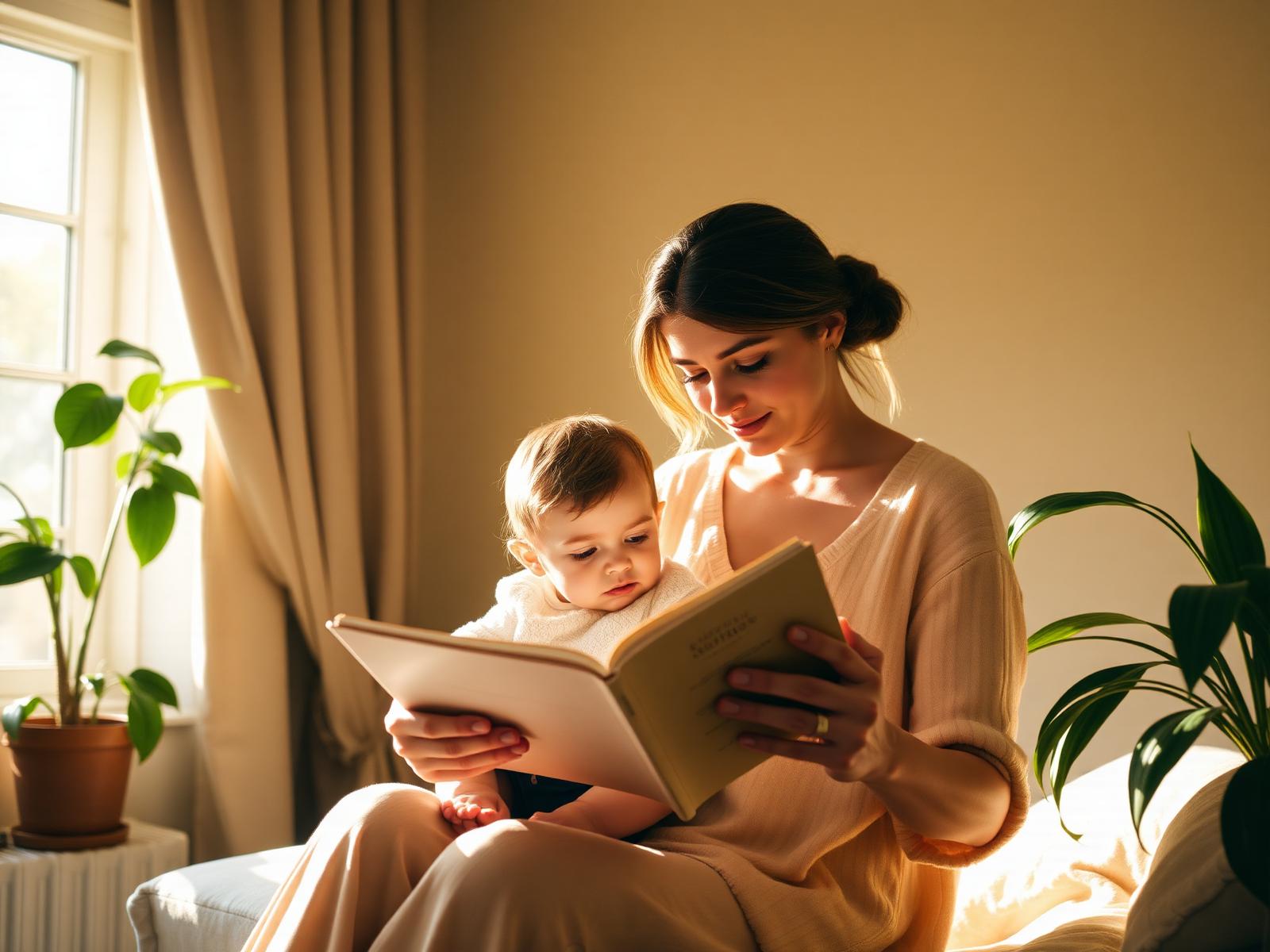 Madre leyendo un libro a su hijo en un ambiente cálido y luminoso