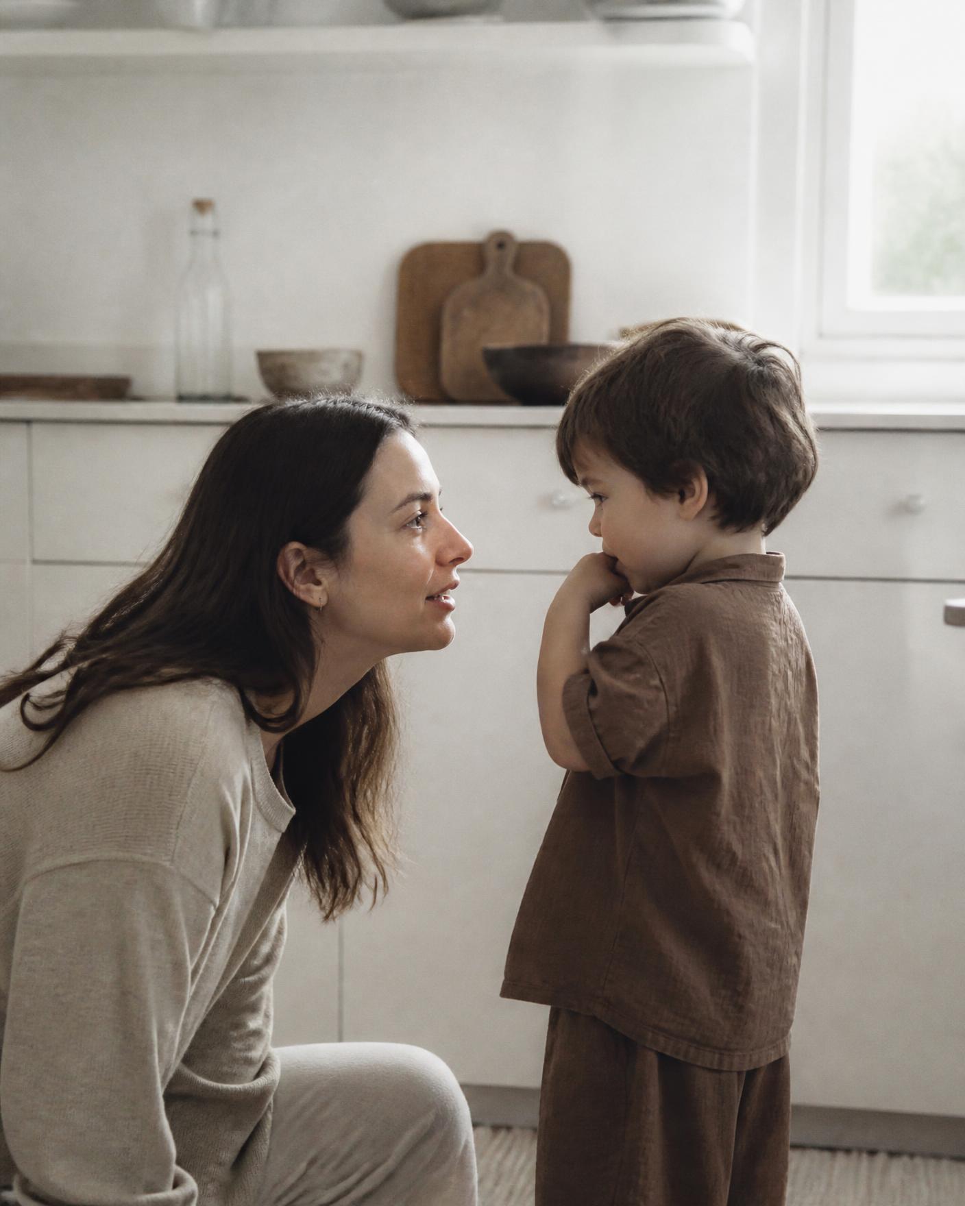 Madre hablando a la altura de los ojos con su hijo pequeño en casa