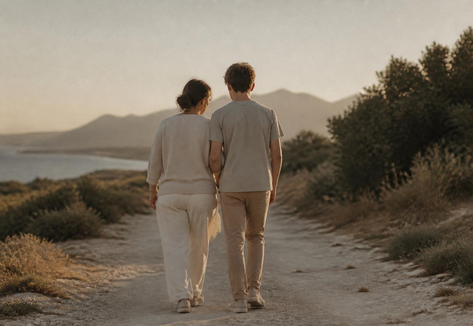 Madre caminando junto a su hijo adolescente al atardecer