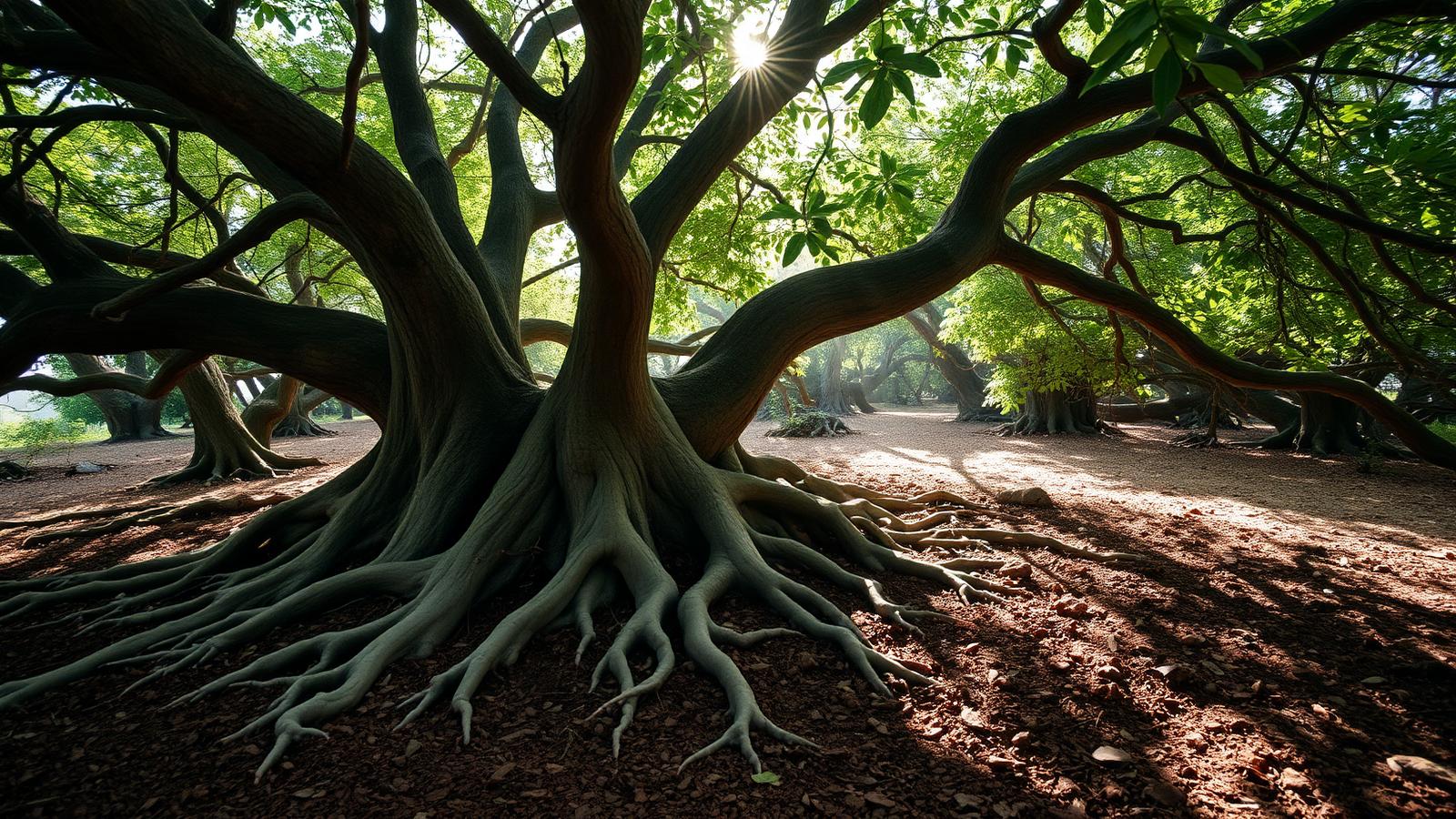 Árbol con raíces visibles bañado por luz natural